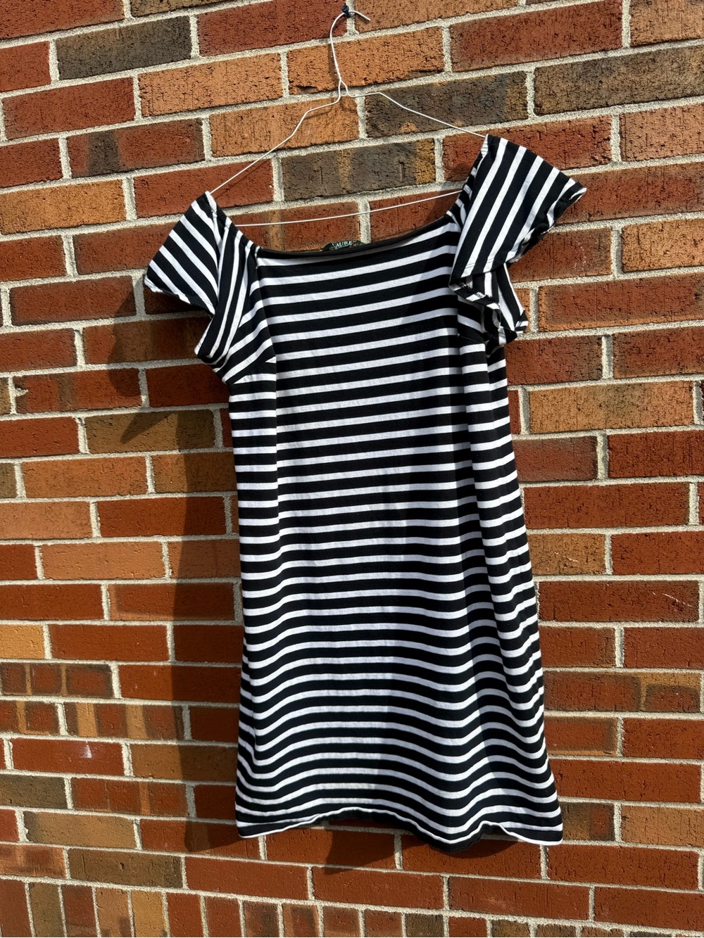 Lauren Ralph Lauren Black White Striped Ruffle Sleeve Cotton Dress Size Large